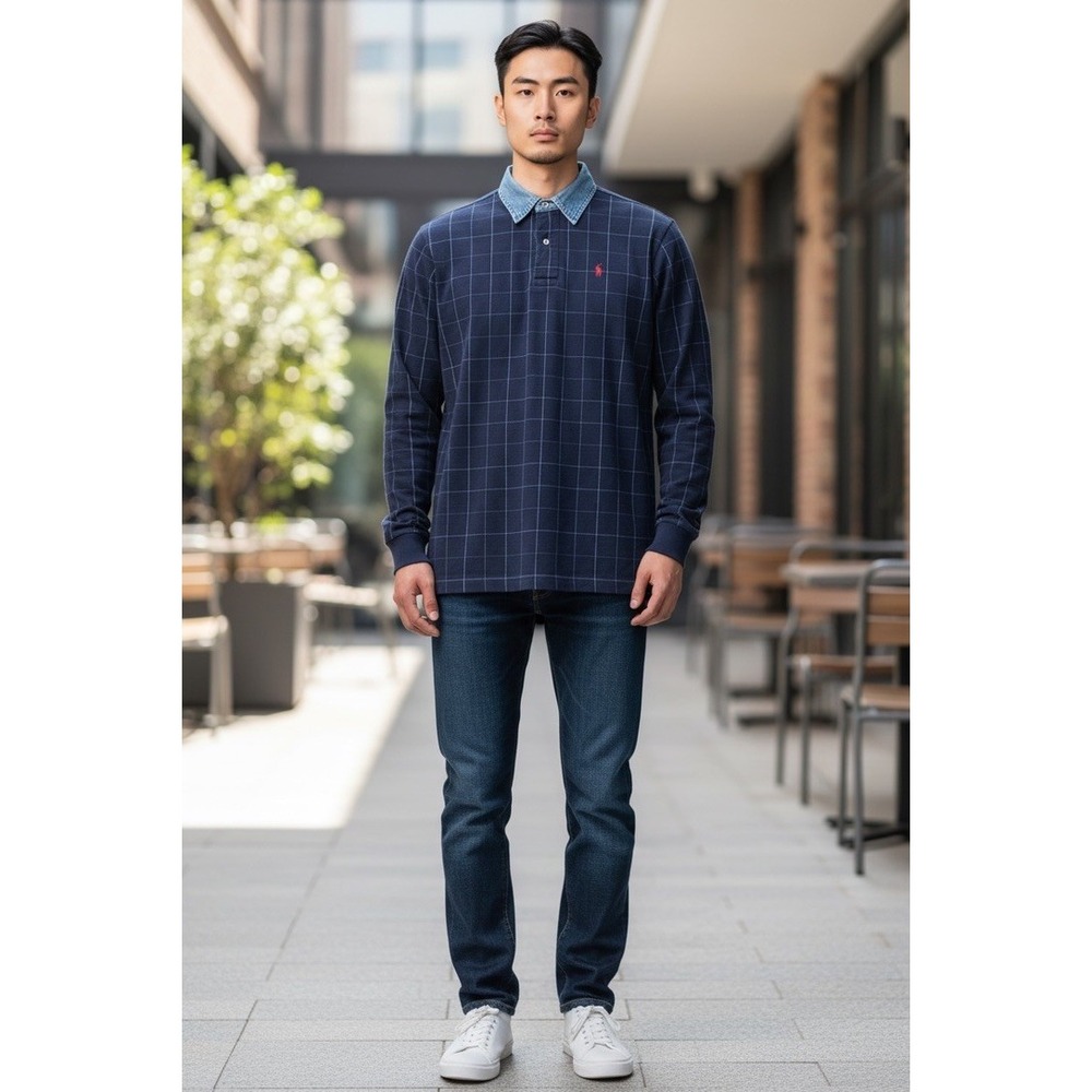 VTG! 'Polo Ralph Lauren"Windowpane Polo Shirt Navy Denim Collar Men M USA READ!